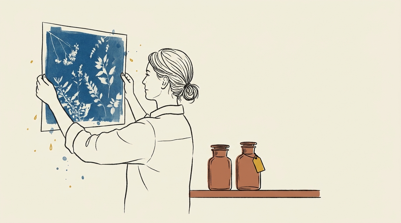 Photographe alt-process tenant un tirage cyanotype fraîchement rincé