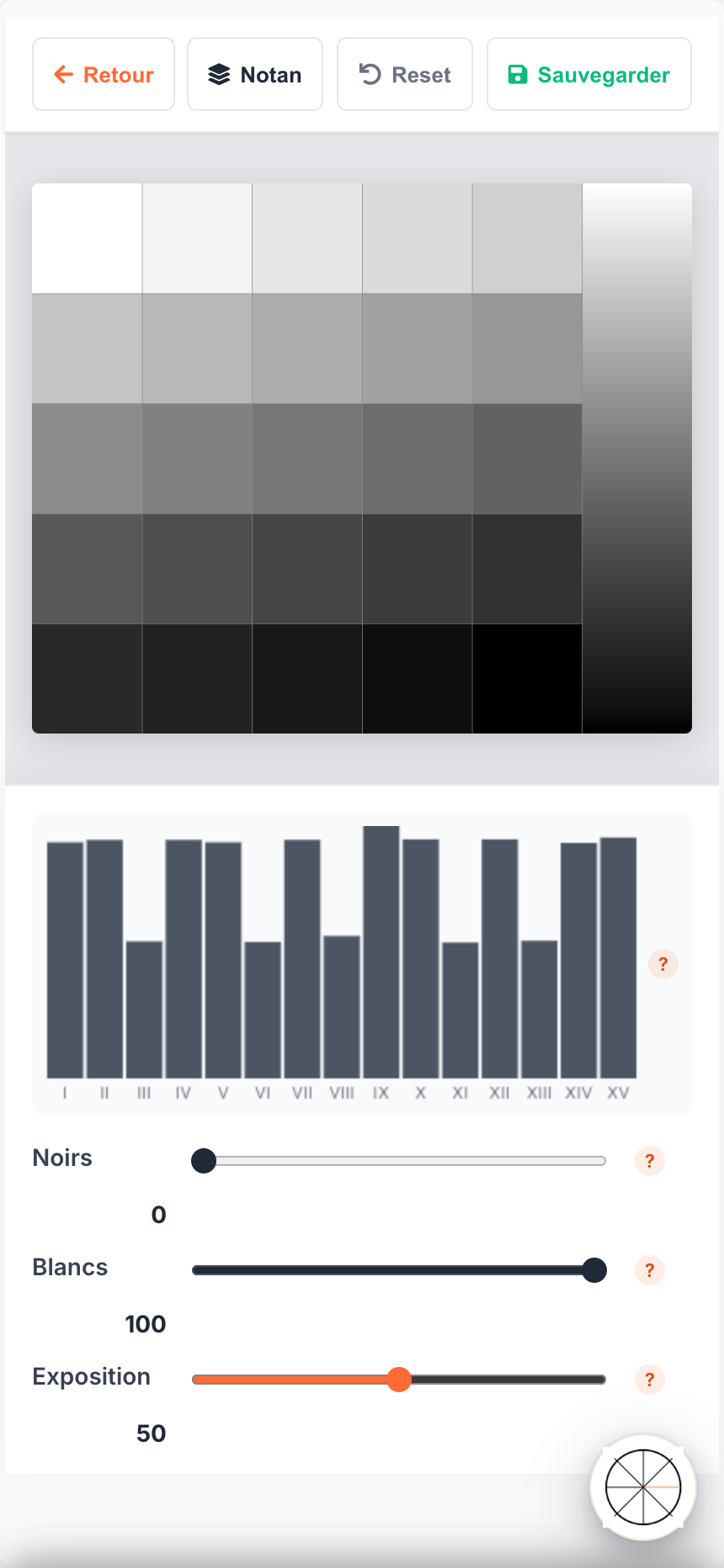 Vue de l'interface Calibration Flow montrant une mire scannée et la courbe générée